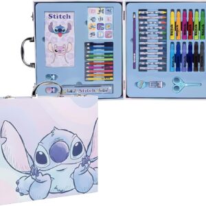 Disney Stitch 52 Piece Deluxe Colouring and Craft Set for Kids | Portable Deluxe Painting Case with Felt Tip Pens, Wax Crayons, Crayons & More | Creative Drawing and Painting Set