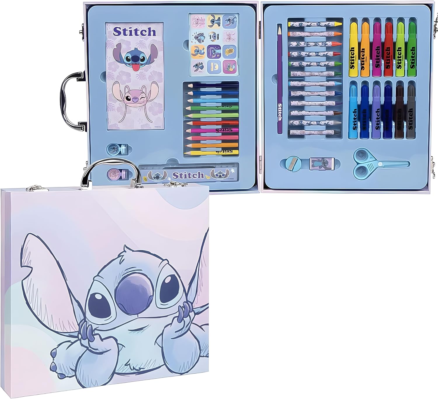 Disney Stitch 52 Piece Deluxe Colouring and Craft Set for Kids | Portable Deluxe Painting Case with Felt Tip Pens, Wax Crayons, Crayons & More | Creative Drawing and Painting Set