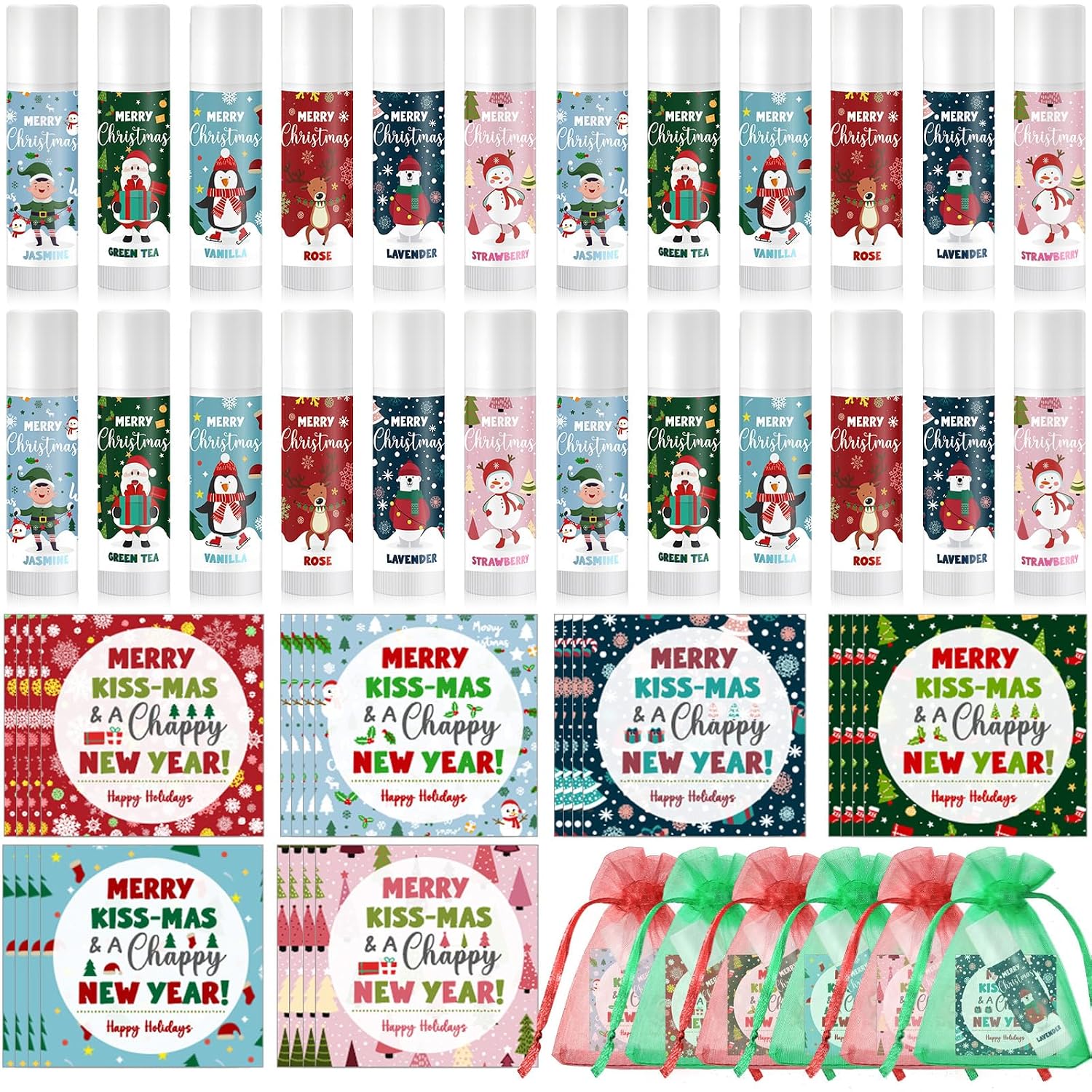 Queekay 24 Sets Christmas Lip Balm with Christmas Cards Organza Bags Advent Calendar 2025 Women Customer Gift Filling Small Gifts for Colleagues Employees Friends Family