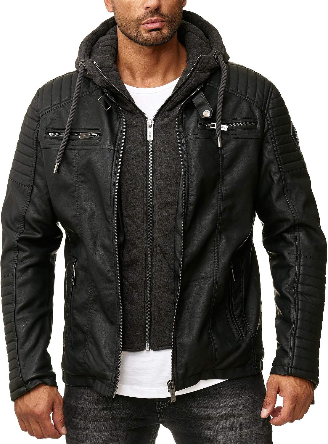 Redridge Robust Faux Leather Biker Jacket with Removable Hood – Bild 4