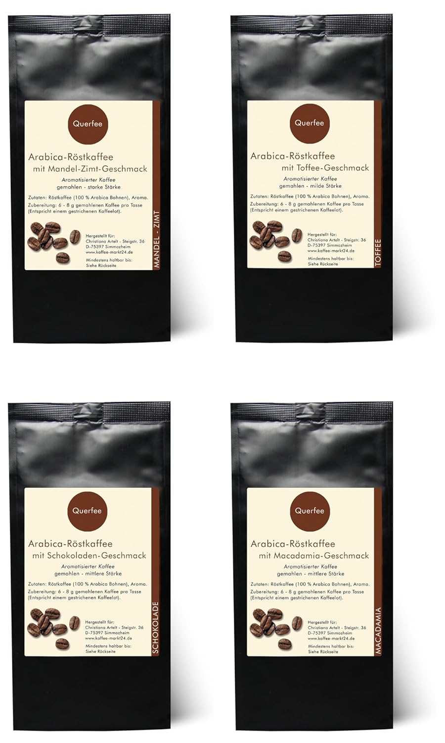 4 x Coffee with Flavour - Coffee Gift Tasting Set - Almond Cinnamon, Toffee, Chocolate, Macadamia - Arabica Roasted Coffee with Aroma - Ground - 4 x 75 g (300 g Total)