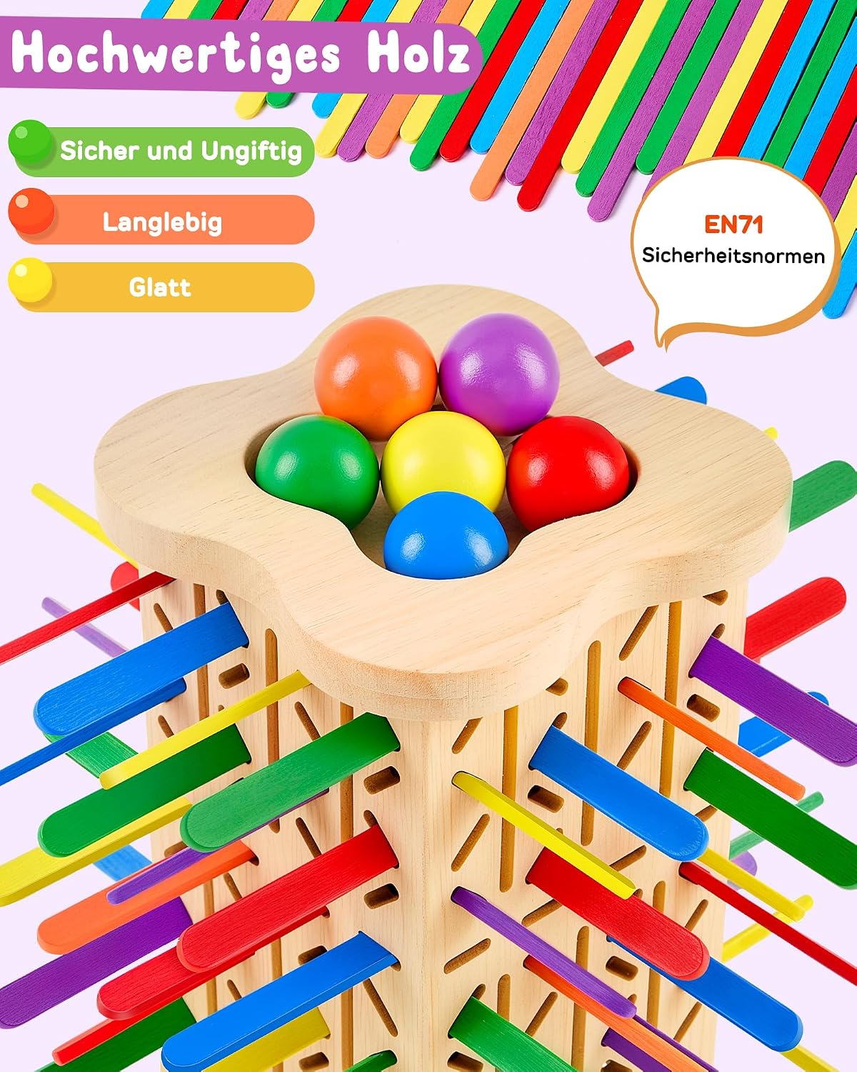 Montessori Wooden Board Game from 3-6 Years with Colourful Chopsticks & Ball – Bild 6