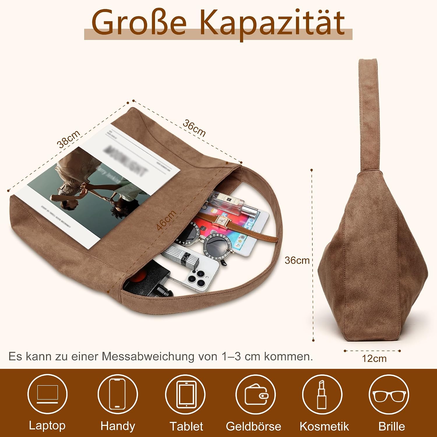 Women's Large Shopper Handbag Suede Shoulder Bag – Bild 3