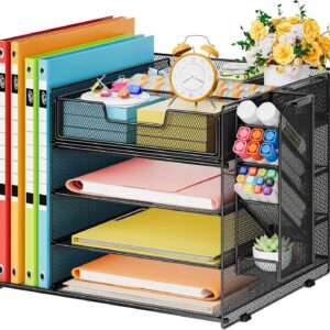 Marbrasse Desk Organiser with File Holder, 4-Tier Letter Tray Storage Compartments, Compartment Drawers, Hanging Pen Holder, Mesh Desk Paper Shelf for Home, Office, Supplies, Document Tray (Black)