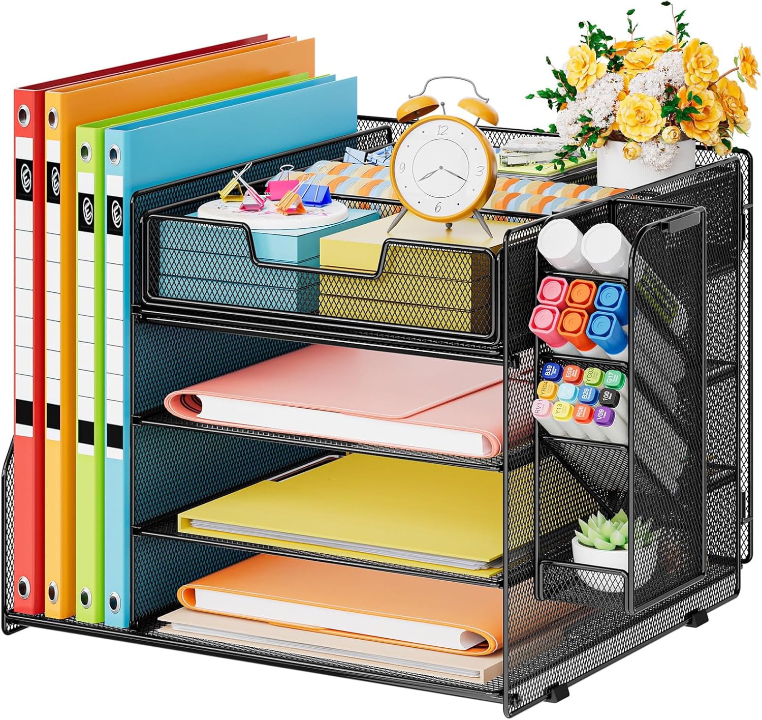 Marbrasse Desk Organiser with File Holder, 4-Tier Letter Tray Storage Compartments, Compartment Drawers, Hanging Pen Holder, Mesh Desk Paper Shelf for Home, Office, Supplies, Document Tray (Black)