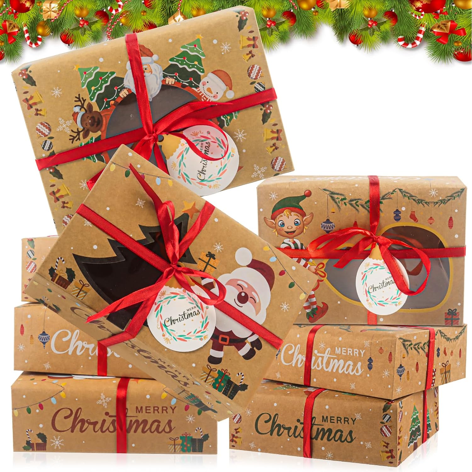 Phlognfy Christmas biscuit boxes boxes, 12 pieces Christmas gift box, with string and pendant, suitable for packaging bread, sweets, chocolate, biscuits and cakes