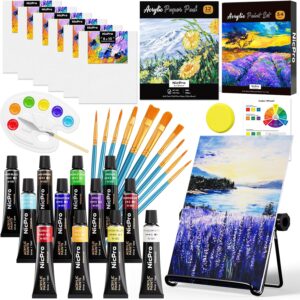 Nicpro Acrylic Paint Set for Adults, 34 Piece Painting Set with 12 Acrylic Paints, Table Easel, 6 Canvases, 10 Brushes, Painting Pad, Sponge, Paint Wheel and Palette for Beginners, Art Painting Set