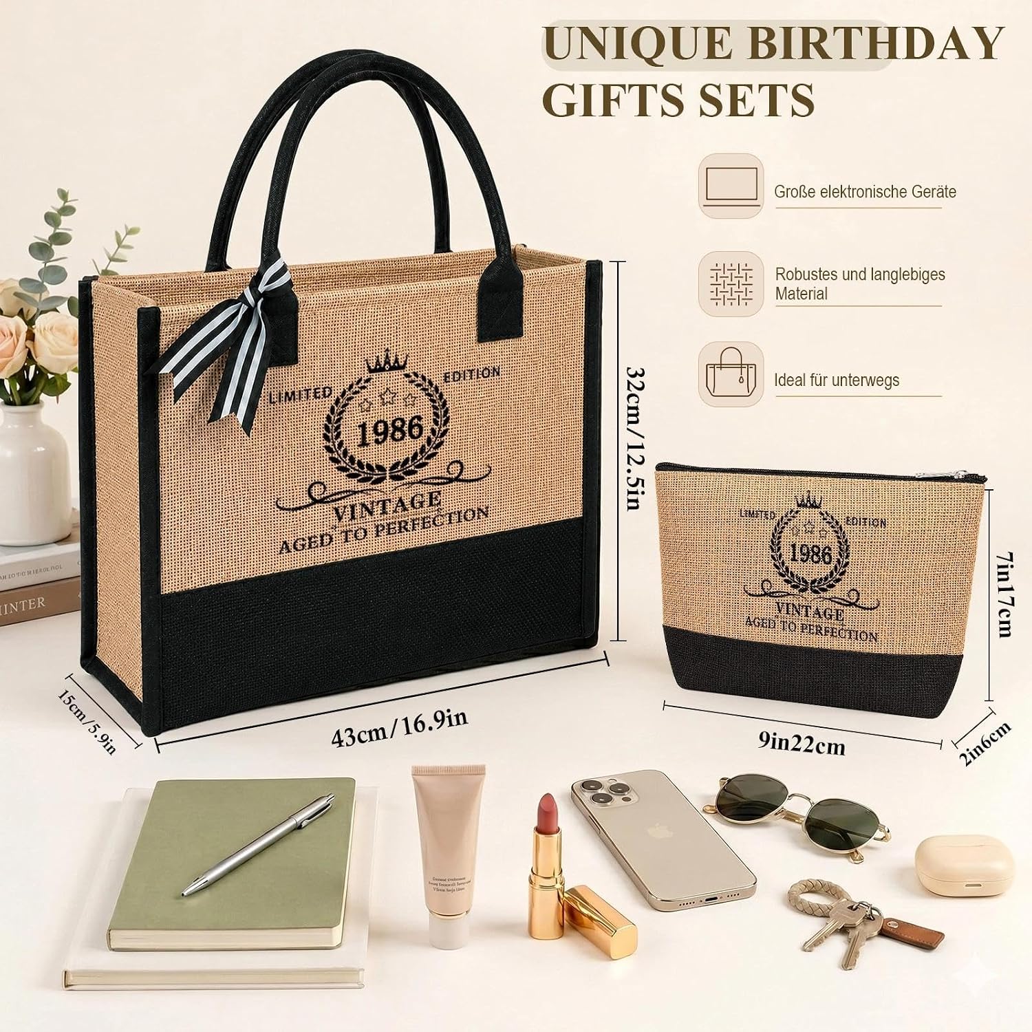 Birthday Gift Woman 40 50 60 70-2-Piece Vintage Jute Bag Set, Shopping Bag and Cosmetic Bag Set, Birthday Gifts for Women, Gift for Mum, Wife – Bild 3