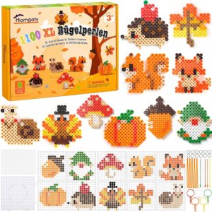 Iron-On Beads Autumn Large Set, 1100 Pieces 10 mm XL Beads 10 Colours with Pegboard, 10 Patterns, 3 Ironing Paper, 10 Key Chains, Creative Bead Set for Children from 3 Years