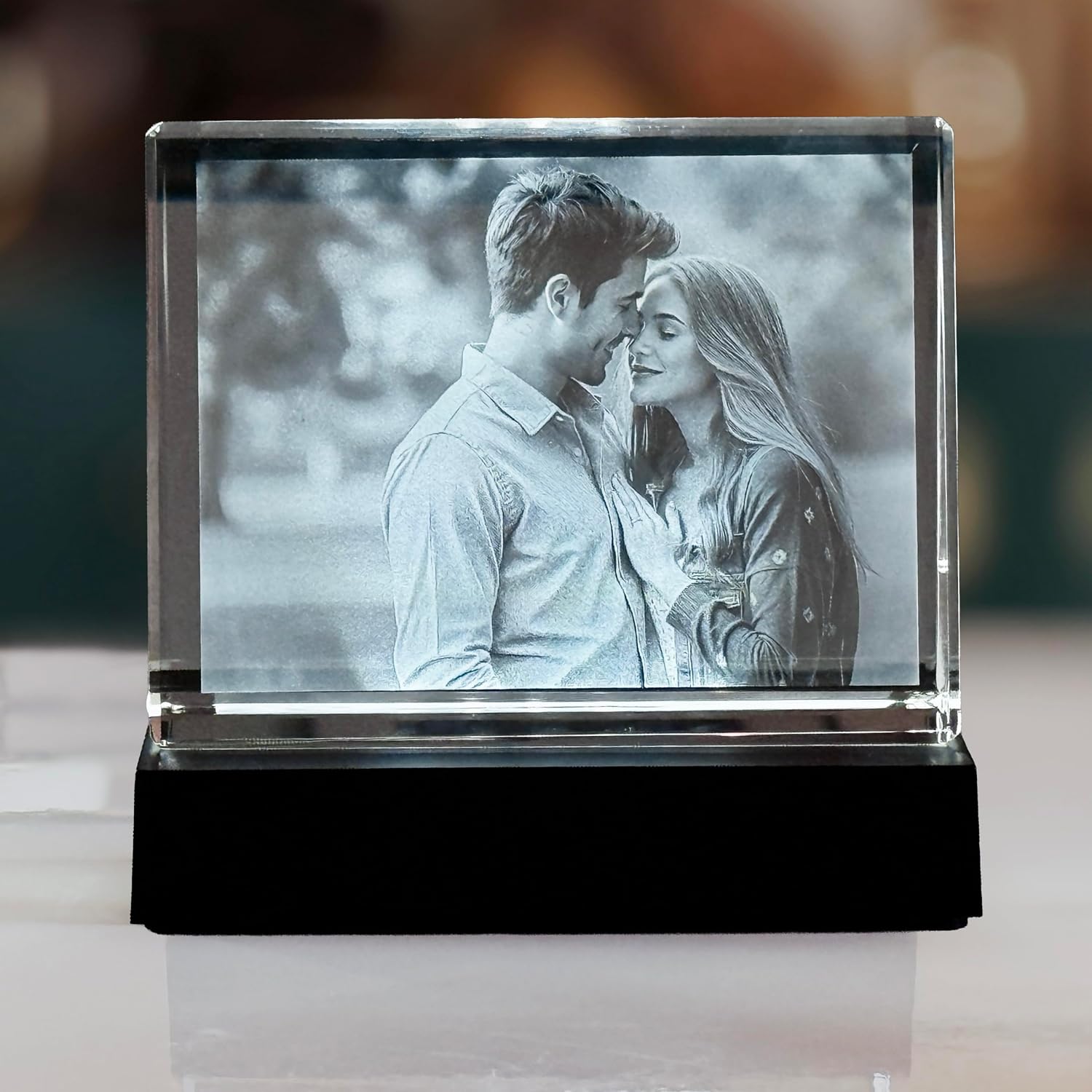 contento Personalised 2D Crystal Photo with Your Own Picture, Laser Engraved Glass Photo as an Individual Gift, Dimensions, 10.5 x 8 x 3 cm (Crystal + Light Base, M Landscape Format (10.5 x 8 x 3 cm) – Bild 5