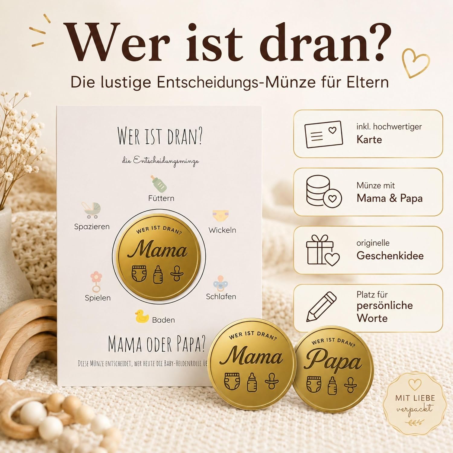 Milaboo® Mum or Dad Decision Coin - Golden Coin (4.5 cm) with Card - Funny Gift for New Parents, Baby Shower, Birth & Family Life (Gold) – Bild 3