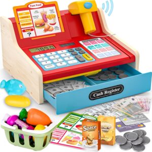 maysida Children’s cash register wooden cash register with scanner and sound for children 3-5 years, toy cash register with scanner / play money / coins / debit card / shopping basket / accessories, shop accessories idea (blue)