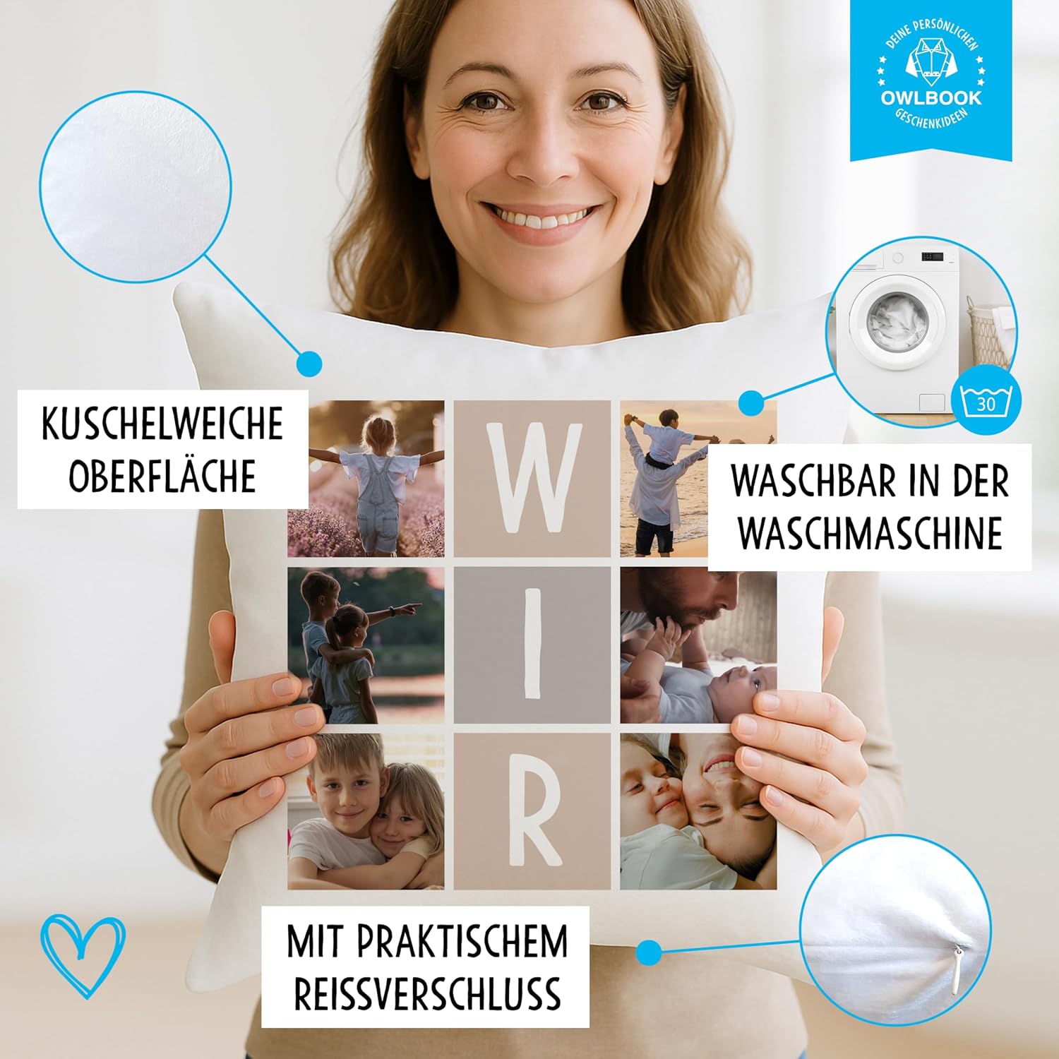 OWLBOOK® Personalised Photo Cushion for Him and Her Couples with 6 Photos – Bild 4
