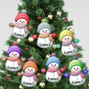 Pack of 7 Personalised Christmas Snowman Tree Decorations, Individual Ornaments with Names for Christmas, Individual Christmas Decoration, Ornament Gifts (Wood)
