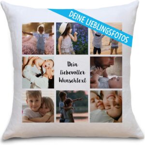 OWLBOOK Personalised Cushion with Photo Print – Design Your Own Photo Cushion with 8 Photos and Text – Photo Cushion 40 x 40 cm White, Optional with Filling