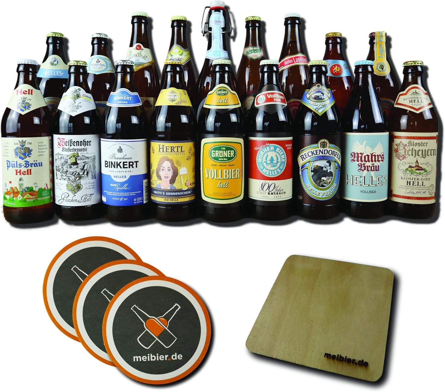 Meibier© Helle Biere Beer Box from Franconia, 18 x 0.5 Litre Franconian Beer + Wooden Coaster + 3x Beer Felt, Great Beer Gift, Beer Box, Beer Pack
