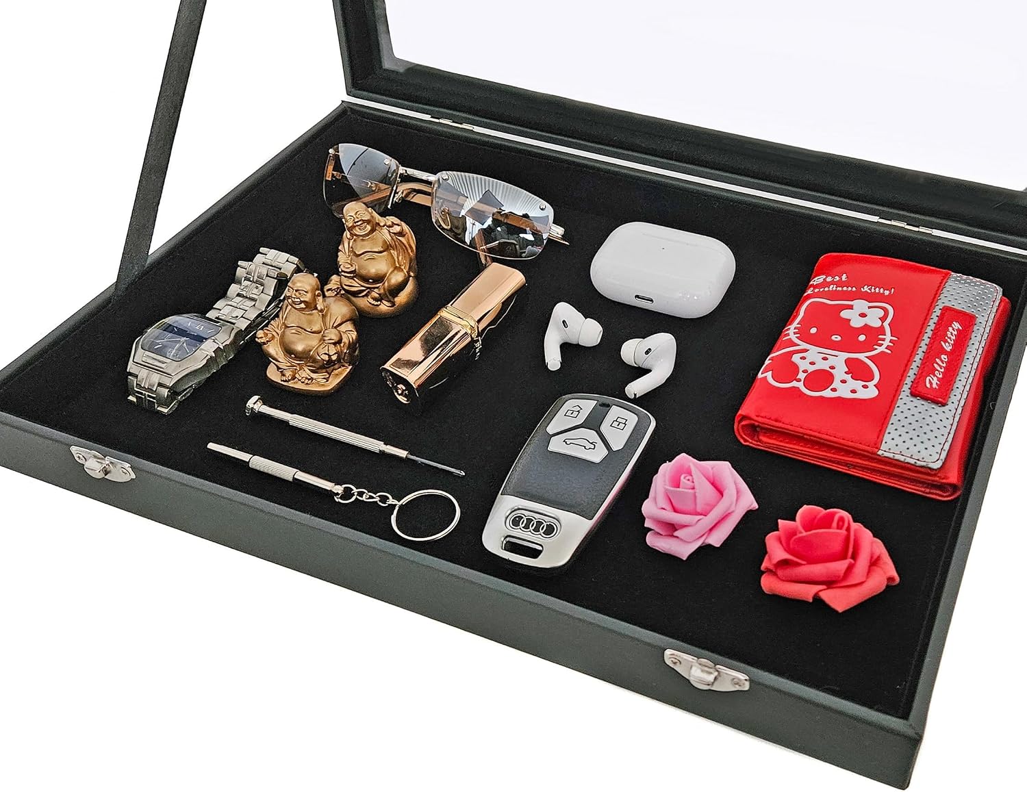 Yudu Multi-Purpose Display Case Jewellery Tray Glass Lid without Divisions Black – Bild 3