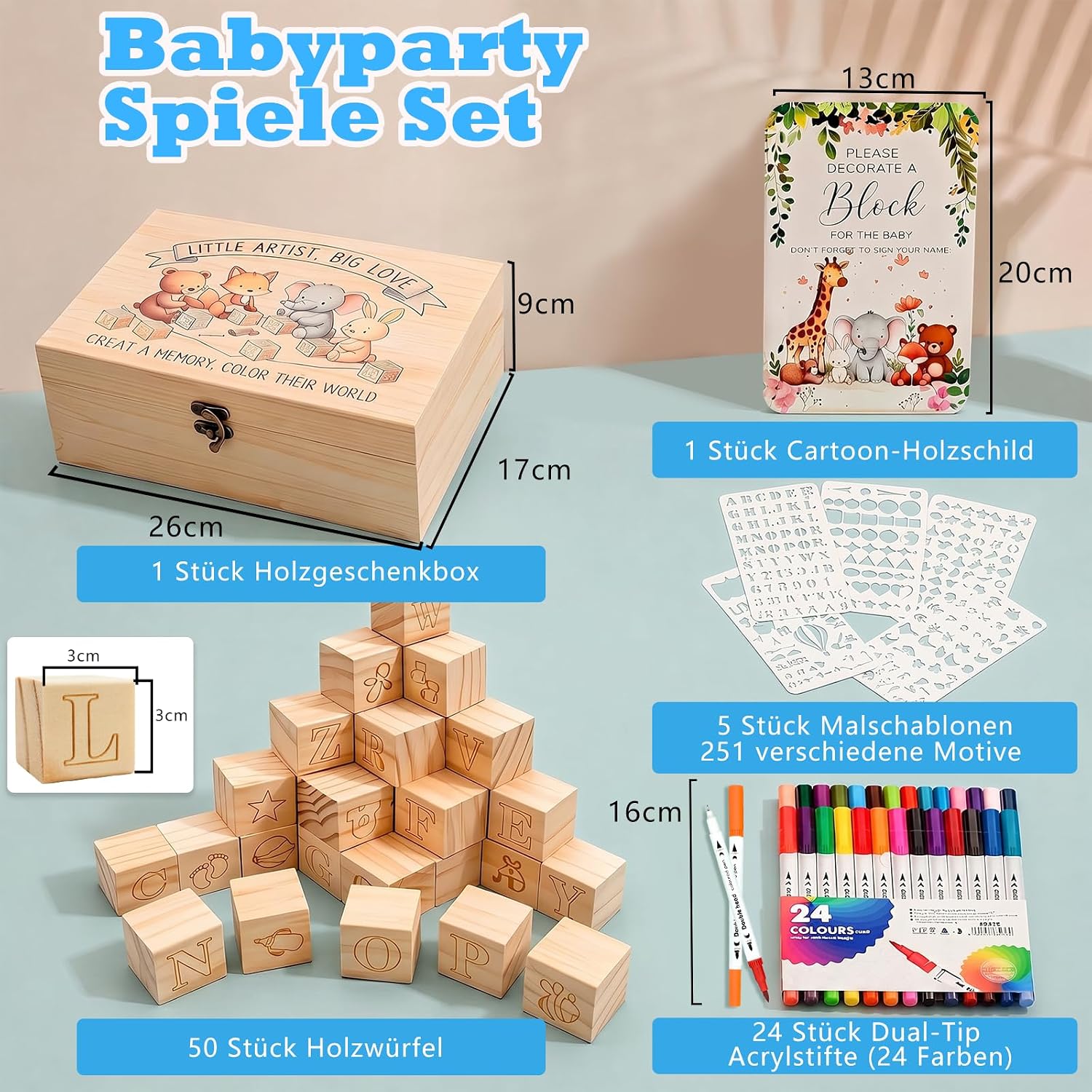 Baby Shower Games Set, 81-Piece Building Blocks Painting, Baby Shower Guest Book for Painting, Stacking, Building & Painting for Baby Shower & Gender Reveal, Wooden Cube Gift Idea for Boys & Girls – Bild 2