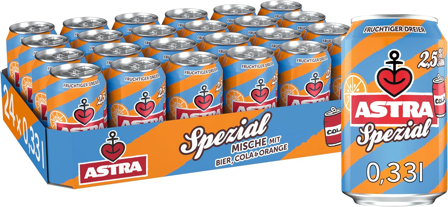 Astra Special Beer Mixed Drink, Disposable Beer Can (24 x 0.33 L), Sparkling Mixes From the Neighbourhood of Astra, Cola and Orange, 2.5% Alcohol Content