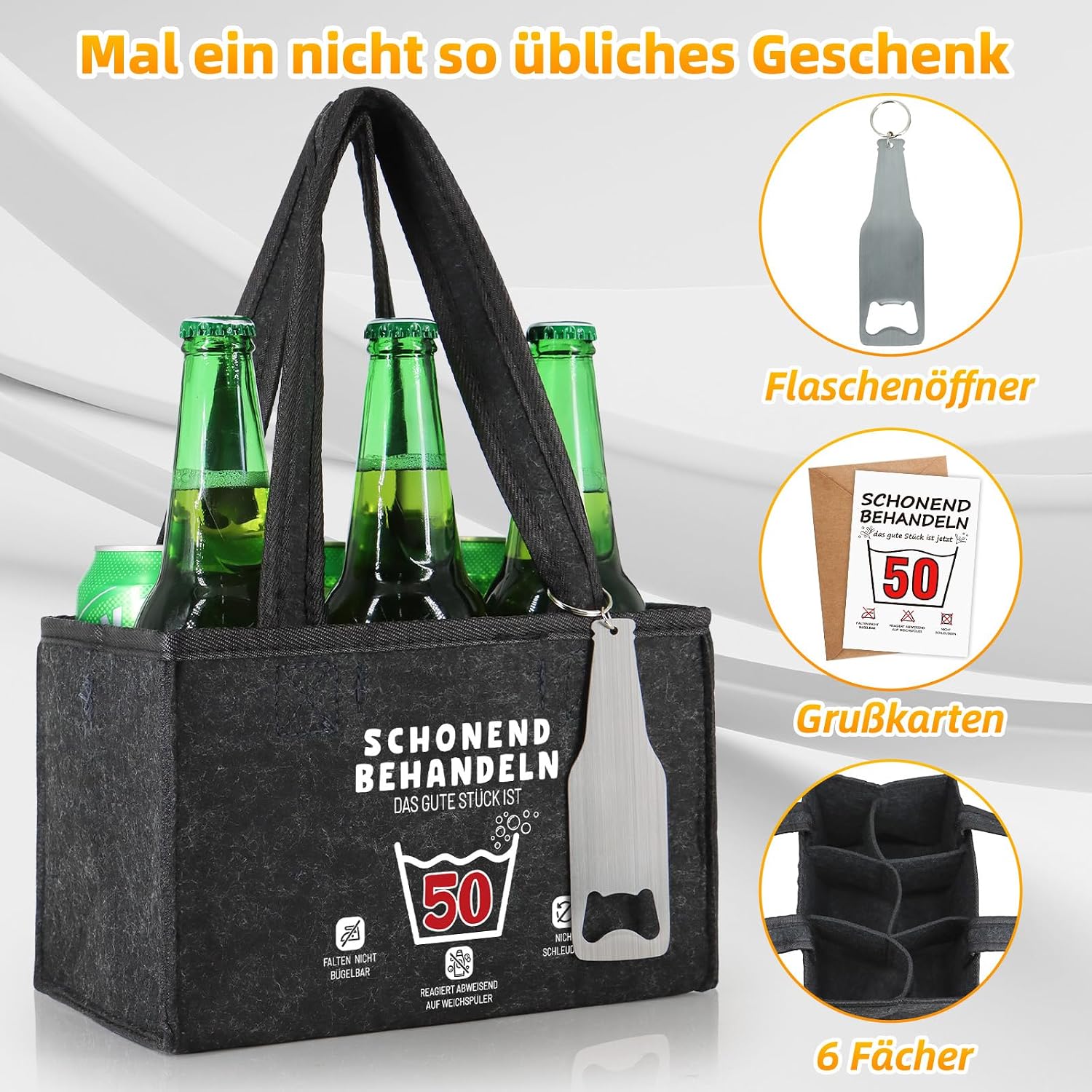 WenmthG Gentle Treat 50 Funny Gifts Birthday Men's Handbag Beer with Bottle Opener and Greeting Cards for Men Women Boyfriend Men's Handbag Beer Bottle Carrier for 6 Beer Bottles – Bild 2