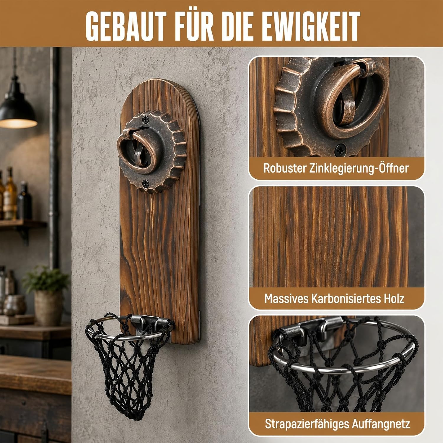 Vintage Wooden Beer Opener - Magnetic Wall with Collection Container – Bild 3