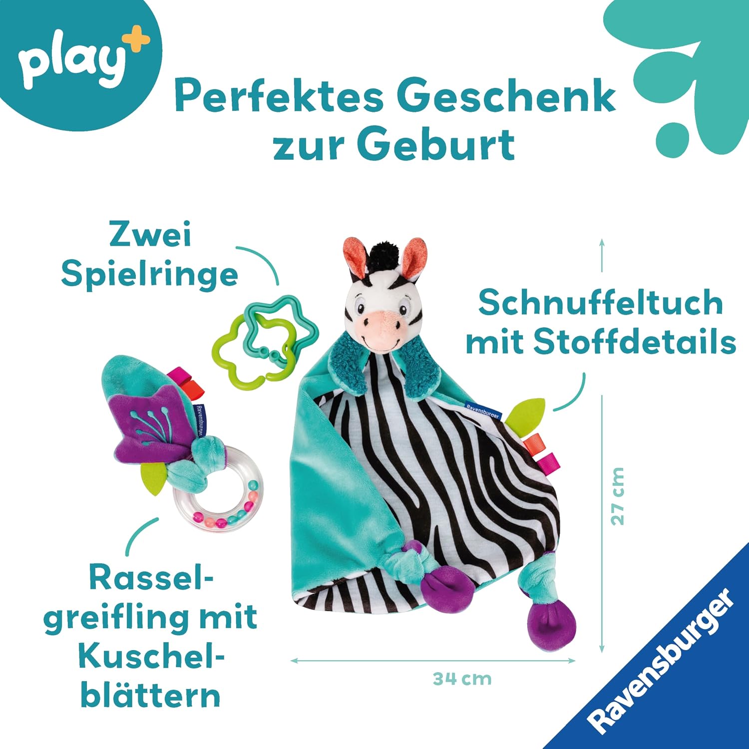 Ravensburger 4858 Play+ Feeling, Rattling, Playing (Gift Set: Zebra), Comforter Blanket, Gift for Birth, Christening, Baby Shower, Stimulation of the Senses, Promotes Fine Motor Skills, for Babies from 0 Months – Bild 2