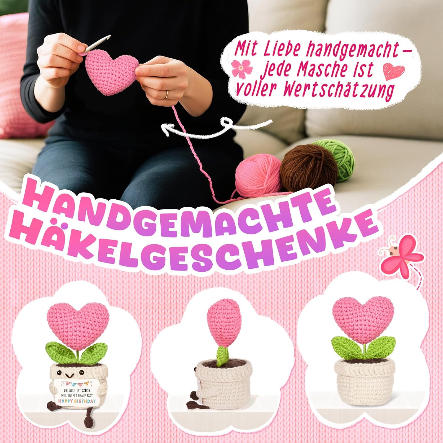 Birthday Gift for Women, Creative Knitted Wool Heart Flower with Energy Card, Gifts for Women, Mum, Girlfriend, Grandma, Birthday – Bild 4