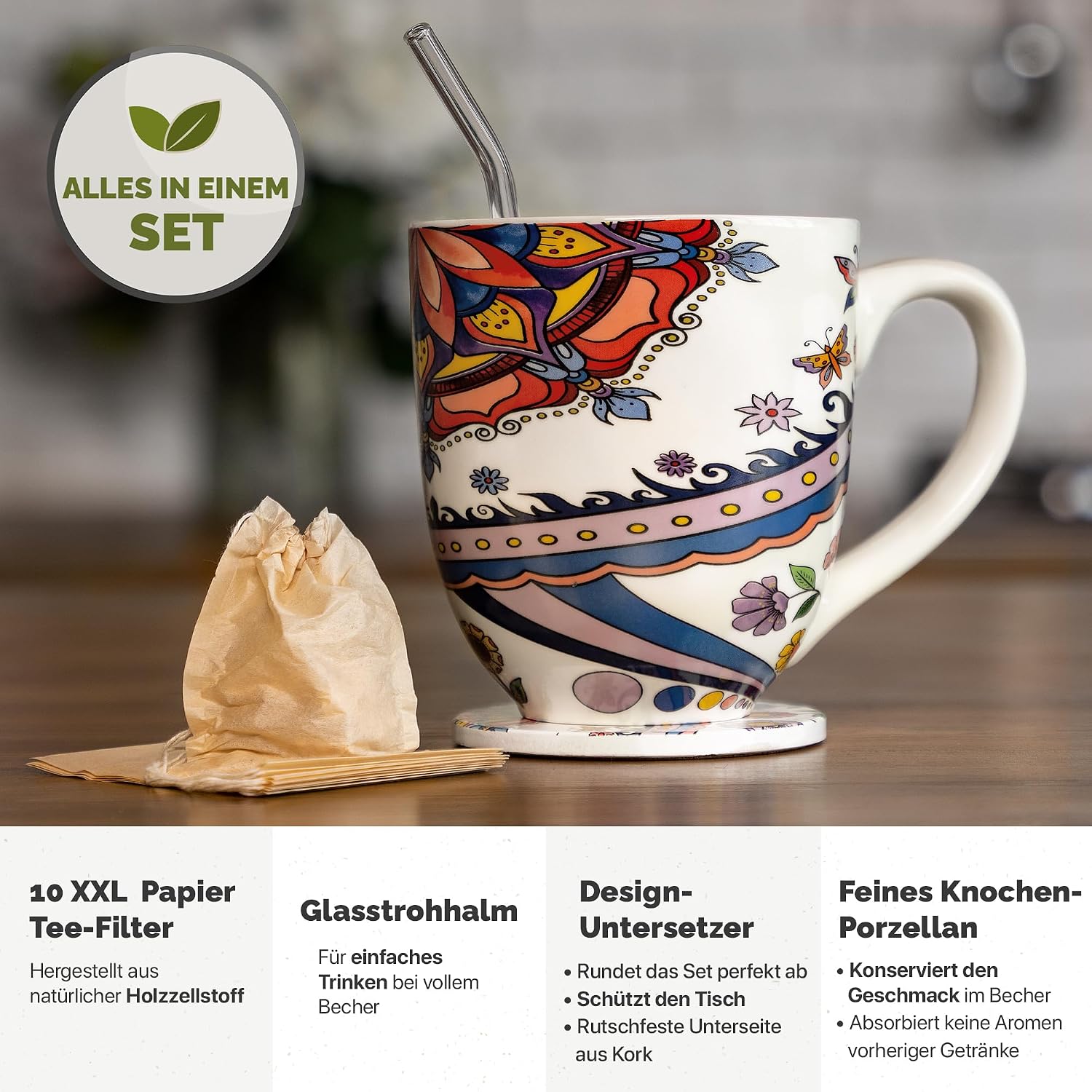 Yang Chai Jumbo Cup 900ml – Large Bone China Tea Cup – XXL Cup Gift Set with Coaster – Coffee Cup Giant Drinking Mug Giant Coffee Mug Jumbo Mug – YC Tranquility – Bild 2