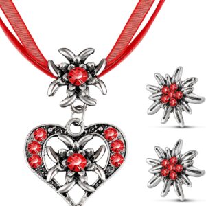 Patelai 3-Piece Costume Jewellery Set, Bavarian Dirndl Jewellery, Costume Necklace with Rhinestone Edelweiss Heart Pendant & Edelweiss Stud Earrings for Women, Beer Festival Dirndl Outfit Accessories