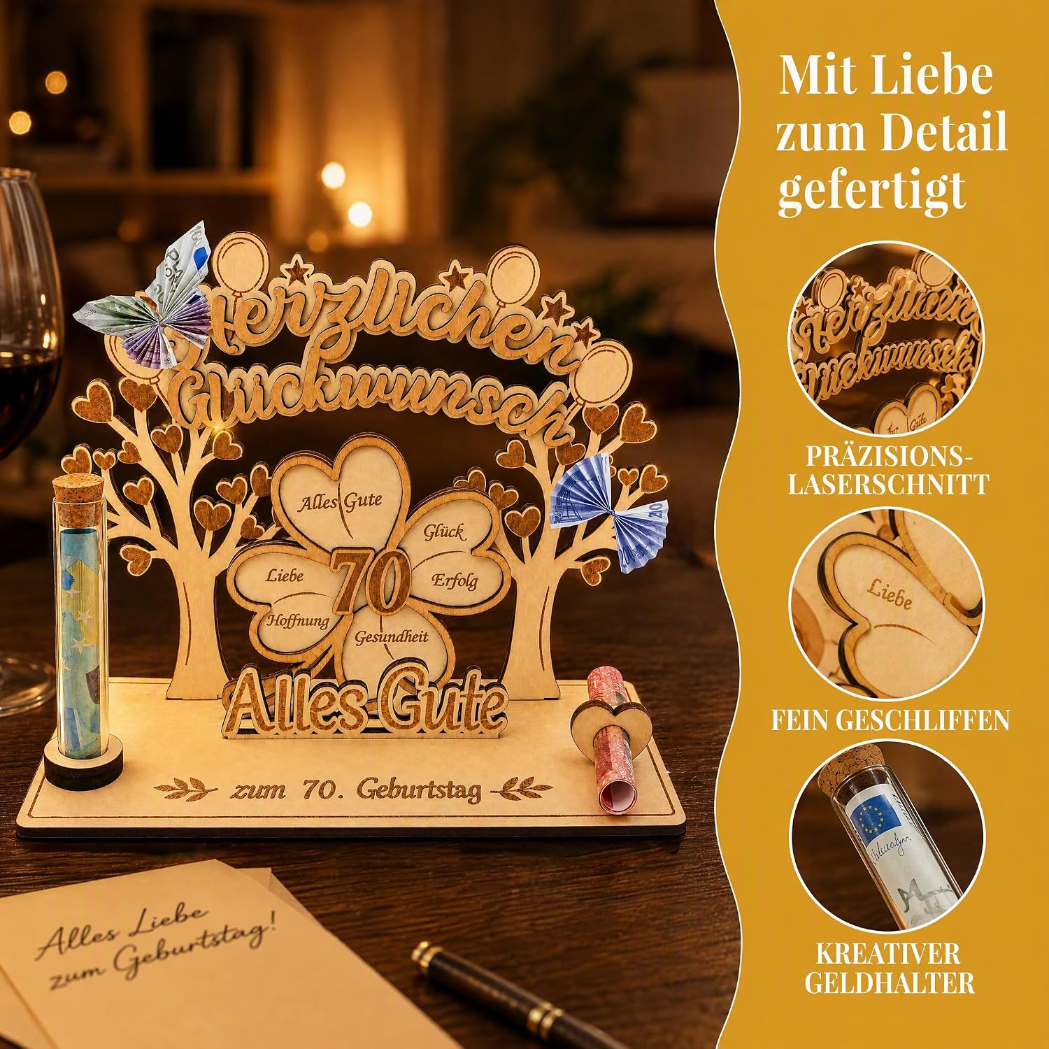 70th Birthday Money Gift for Men and Women, 3D Clover Leaf Wood with LED – Bild 3