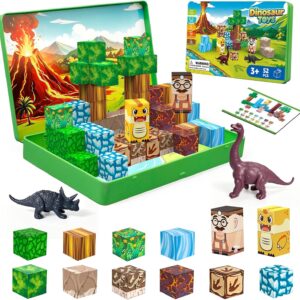 DQMOON Magnetic Building Blocks Children, 52 Pieces Magnetic Toy with Dinosaur Figures and Portable Metal Box, Construction Toy for Travel, Dinosaur Toy for Boys and Girls from 3 Years