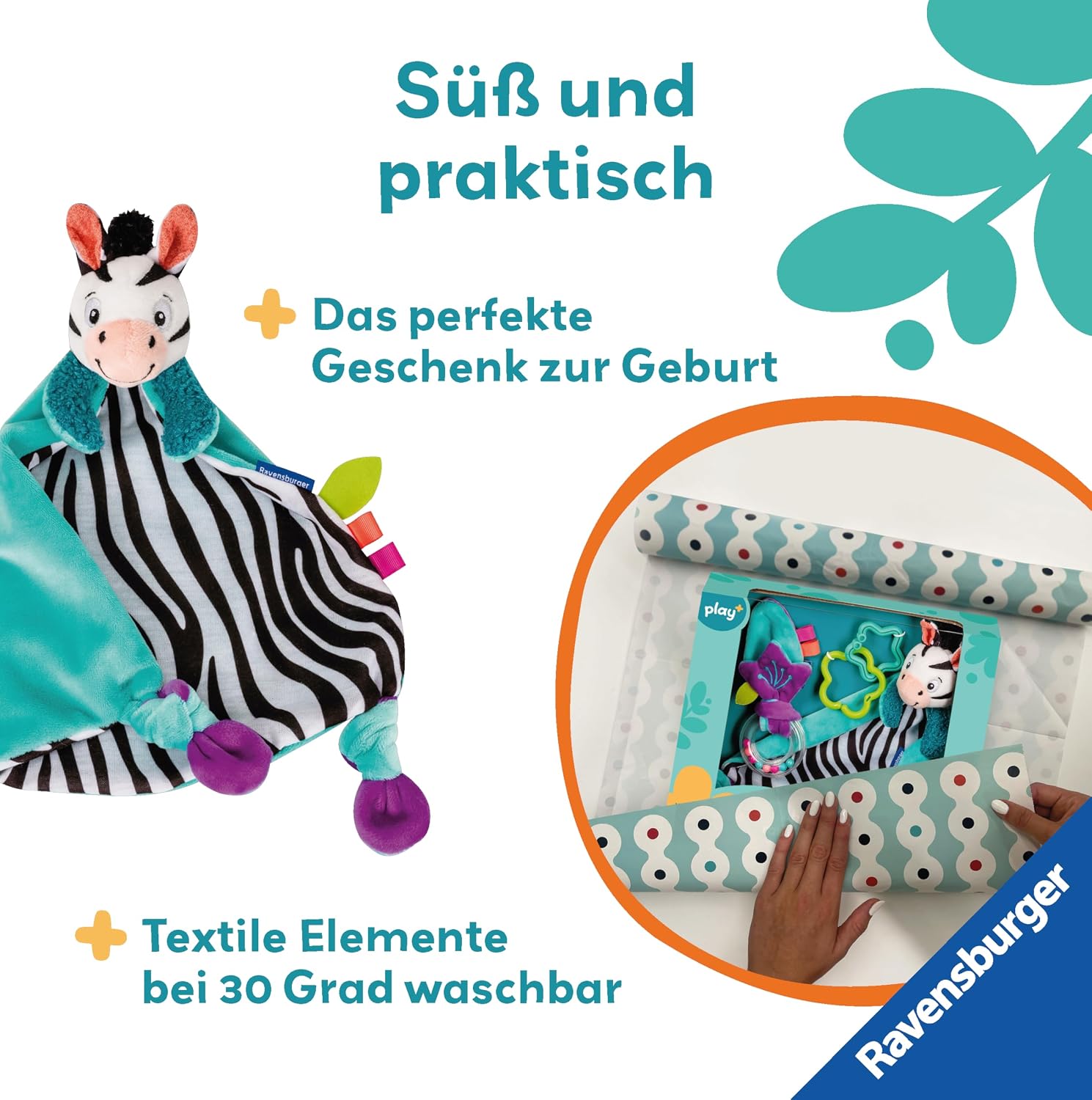 Ravensburger 4858 Play+ Feeling, Rattling, Playing (Gift Set: Zebra), Comforter Blanket, Gift for Birth, Christening, Baby Shower, Stimulation of the Senses, Promotes Fine Motor Skills, for Babies from 0 Months – Bild 5