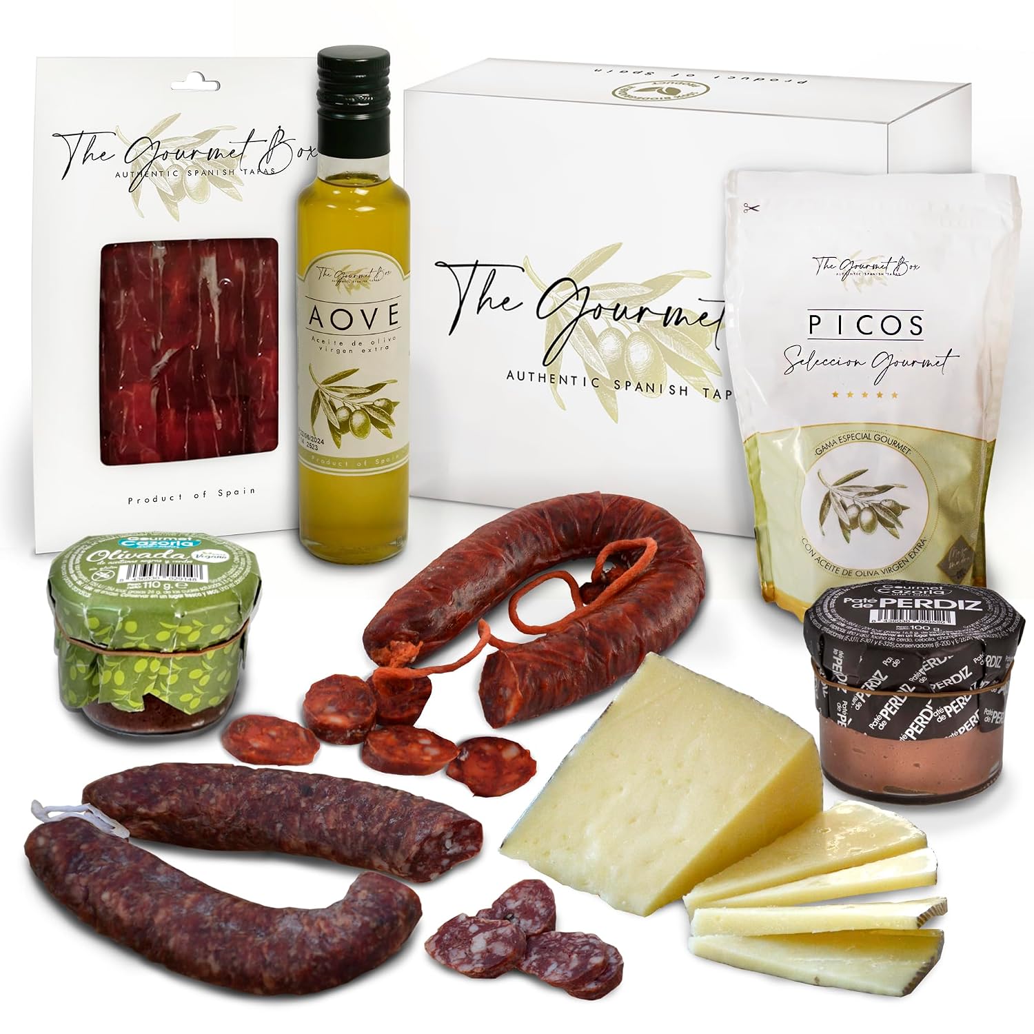 Gourmet Box | Gift Basket Spanish Specialities - Tapas | Gourmet Gift | Gift Basket - Ham & Salchichon & Chorizo | Spanish Delicacies | Gift for Men & Women | Food Basket |