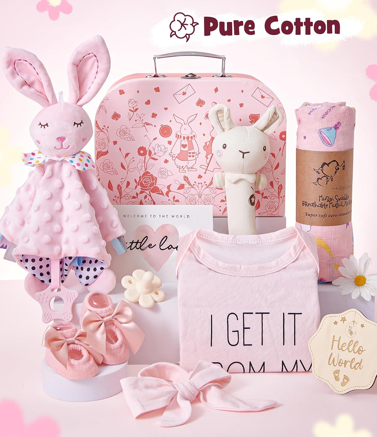Baby Gift Boys Girls Newborn Gifts for Birth with Comforter Blanket / Baby Romper / Socks / Muslin Blanket / Rattle Nappy Cake Gift Box Baby Shower Party Gender Reveal Gift (Pink) – Bild 8