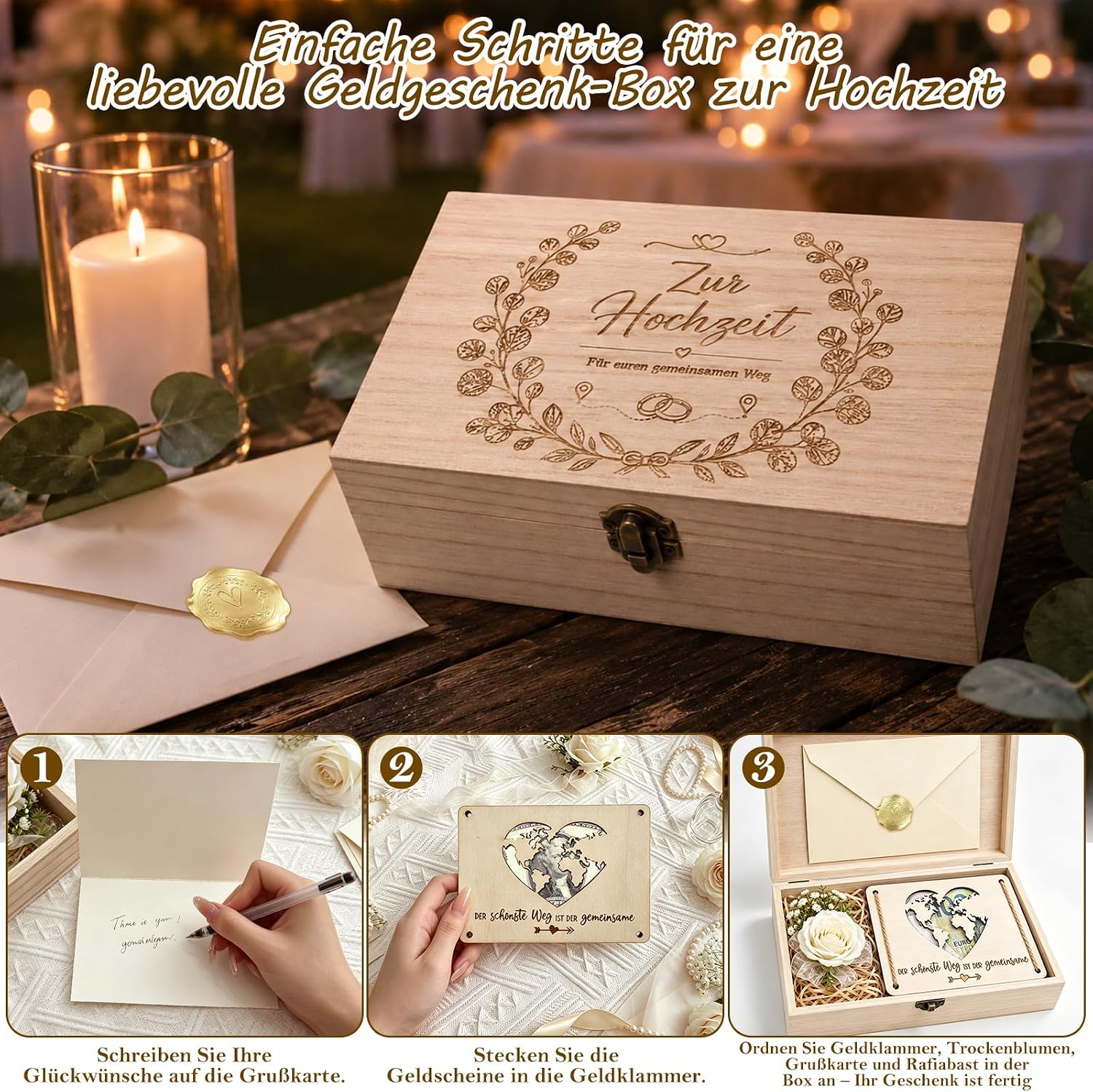 Money Gift Wedding Wooden Box Large Wedding Gift for Bride and Groom Gift Box with Card, Money Clip & Dried Flowers - For Wedding For Your Way Together – Bild 5