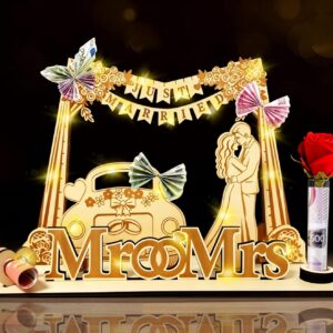Money Gift Wedding Wooden with LED Fairy Lights, Wedding Gifts for Bride and Groom, Money Packaging, Wedding Car and Just Married Garland, Shaped, Romantic Gift for Wedding Anniversary