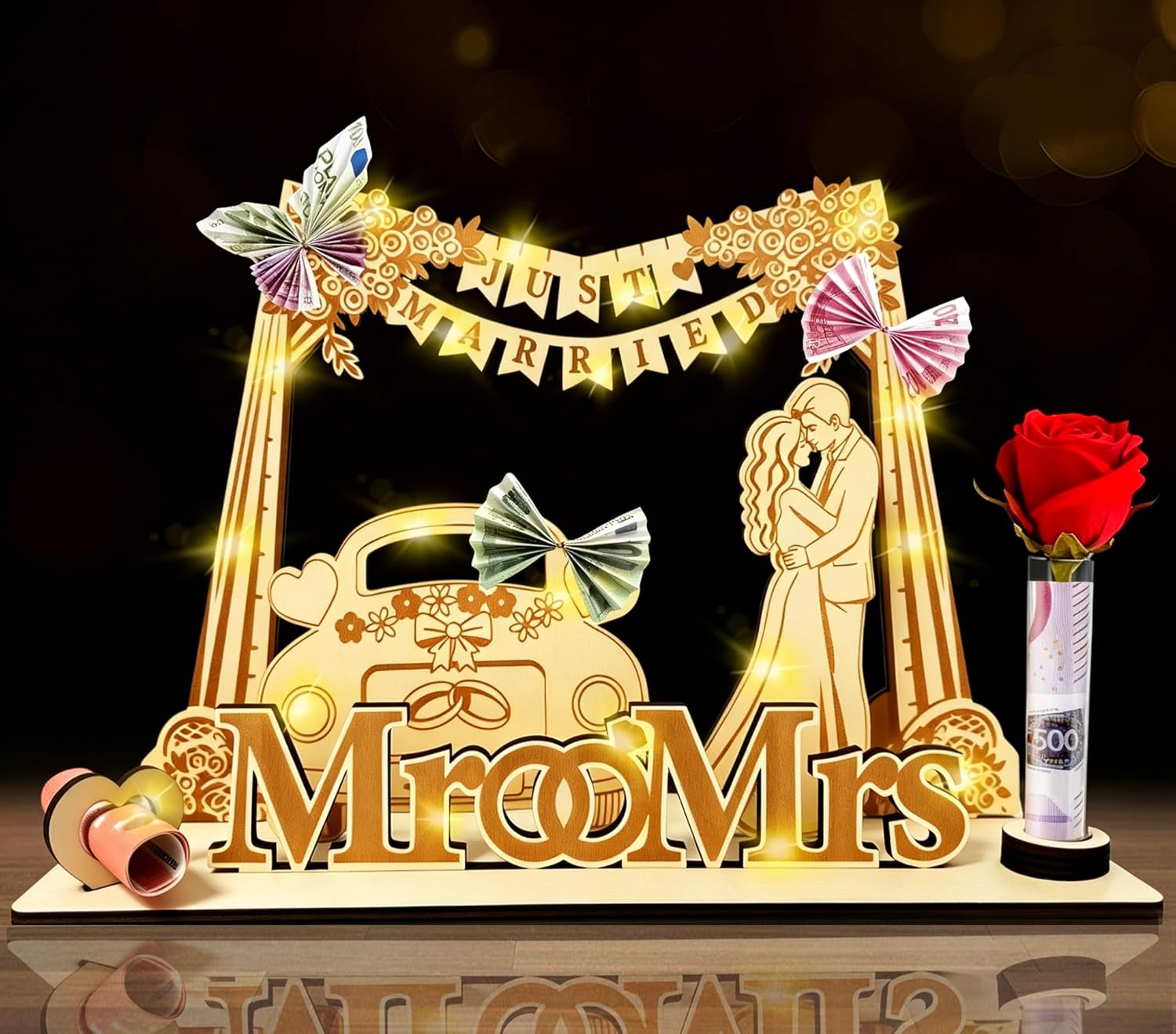 Money Gift Wedding Wooden with LED Fairy Lights, Wedding Gifts for Bride and Groom, Money Packaging, Wedding Car and Just Married Garland, Shaped, Romantic Gift for Wedding Anniversary