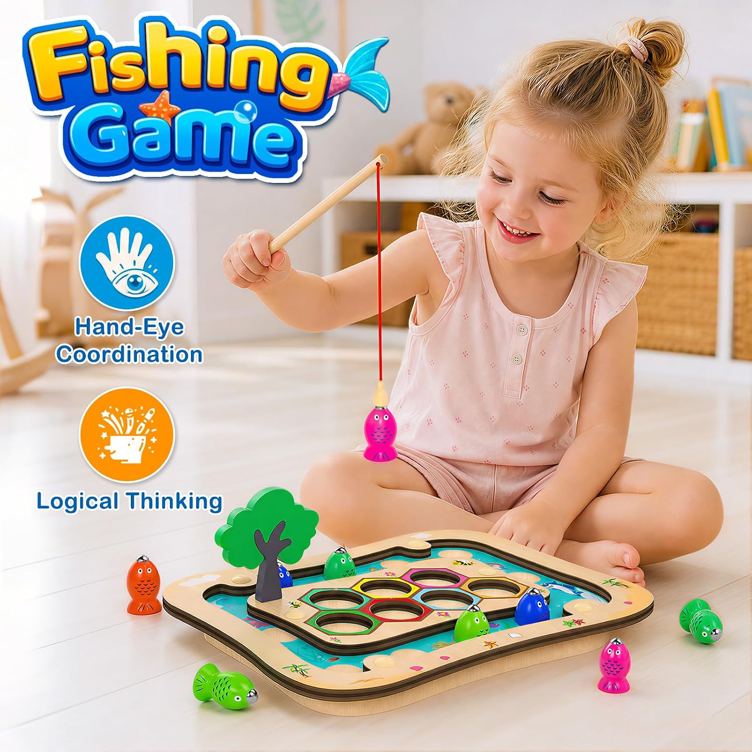 Montessori Toy from 3 Years, 2 in 1 Wooden Magnetic Fishing Game – Bild 3