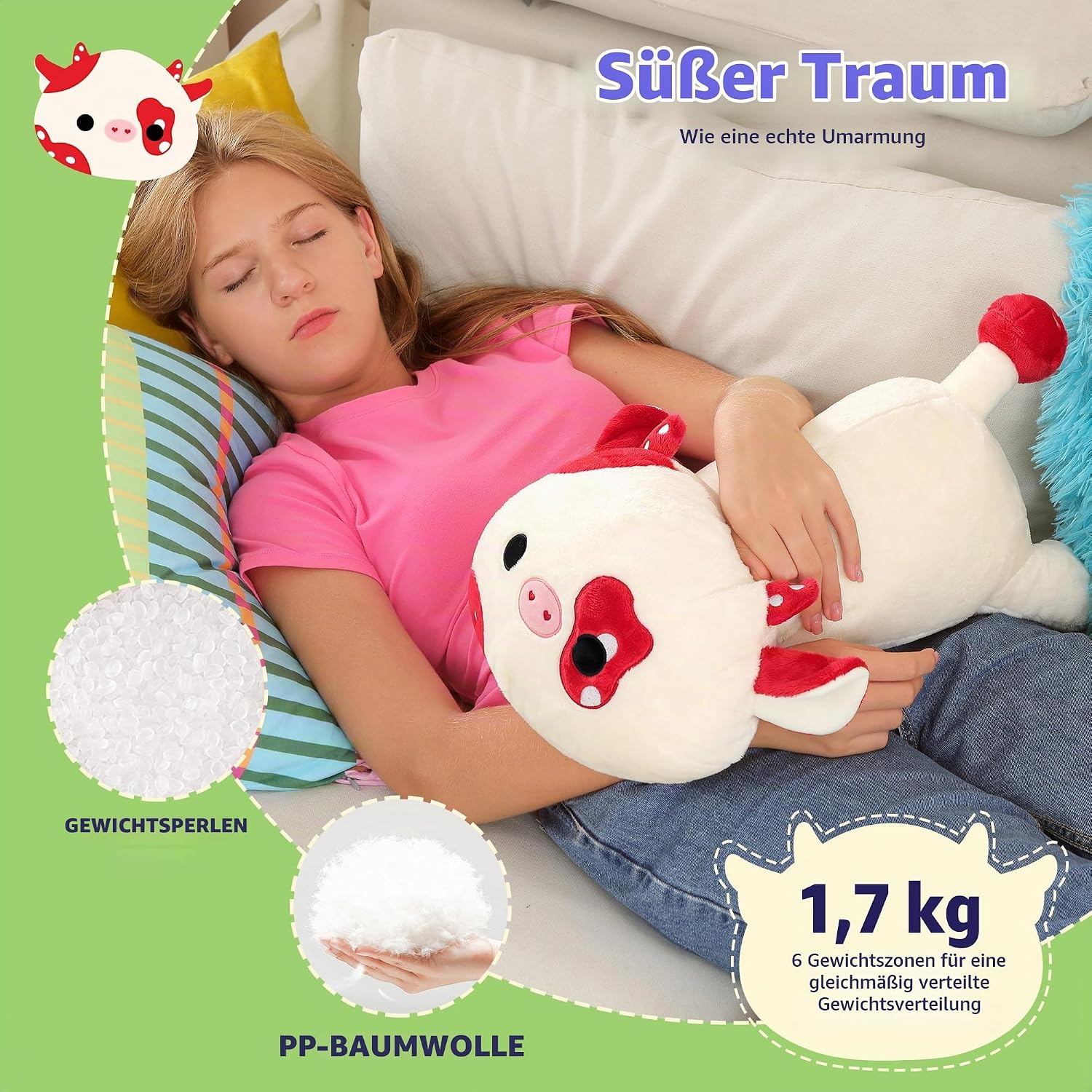 shownicer Heat Cushion Soft Toy Cow 1.7 kg Heat Cuddly Toy Cow Warming in the Microwave Warming Plush Cushion Weight Animals Plush Toy Cow Gift for Adults Children 3+ Years (Red, 50 cm) – Bild 4