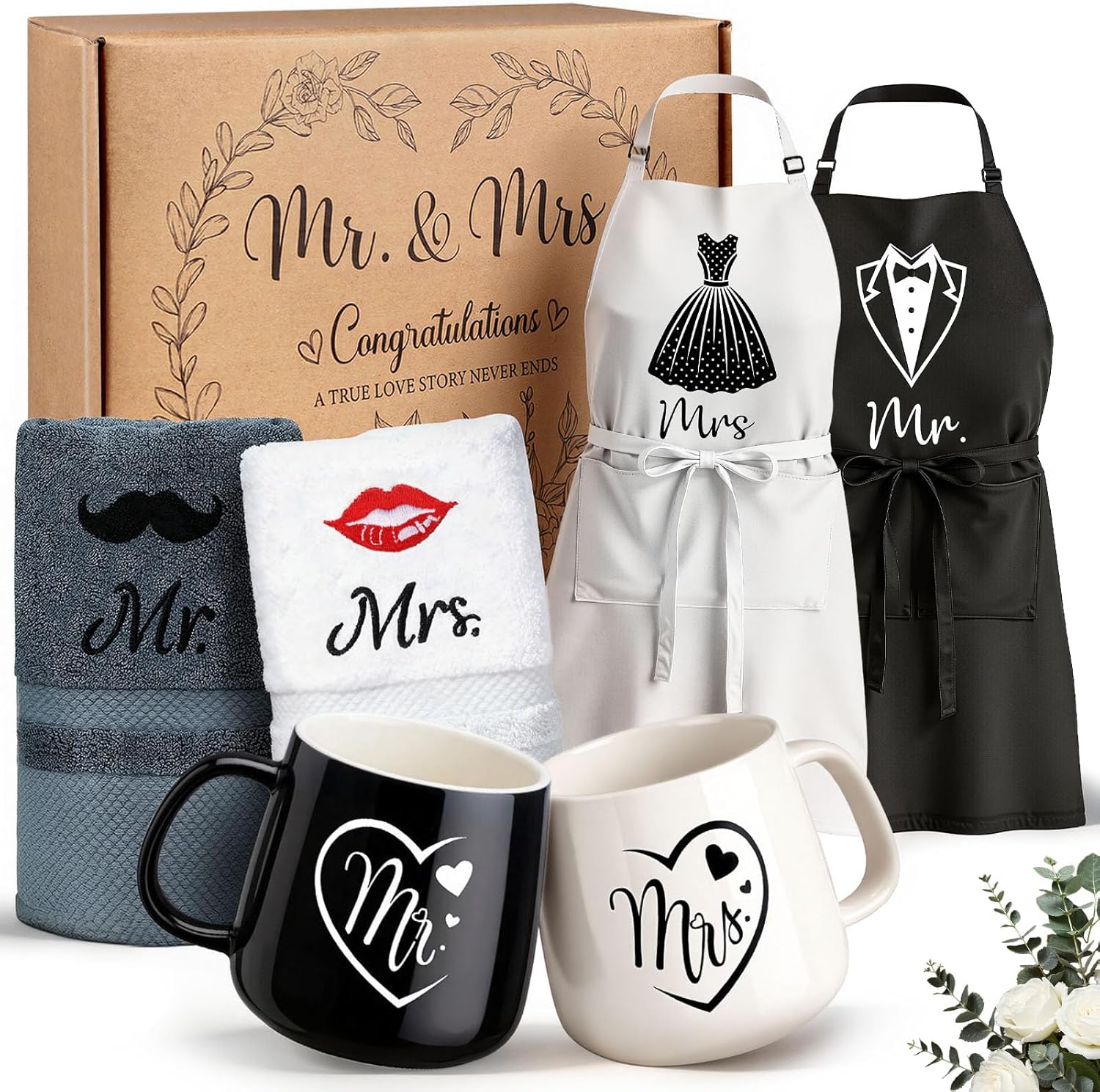 Wedding Gifts for Newlyweds, 6-Piece Mr and Mrs Gift for Bride and Groom Mugs, Apron and Towel, Engagement Gift, Couple Gifts, Anniversary Gift for Wedding, Engagements