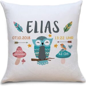 OWLBOOK Birth Pillow Owl Boho Fluffy Pillow with Name and Date of Birth Gifts Gift Ideas for Birth Baby Child Girl Boy Birthday