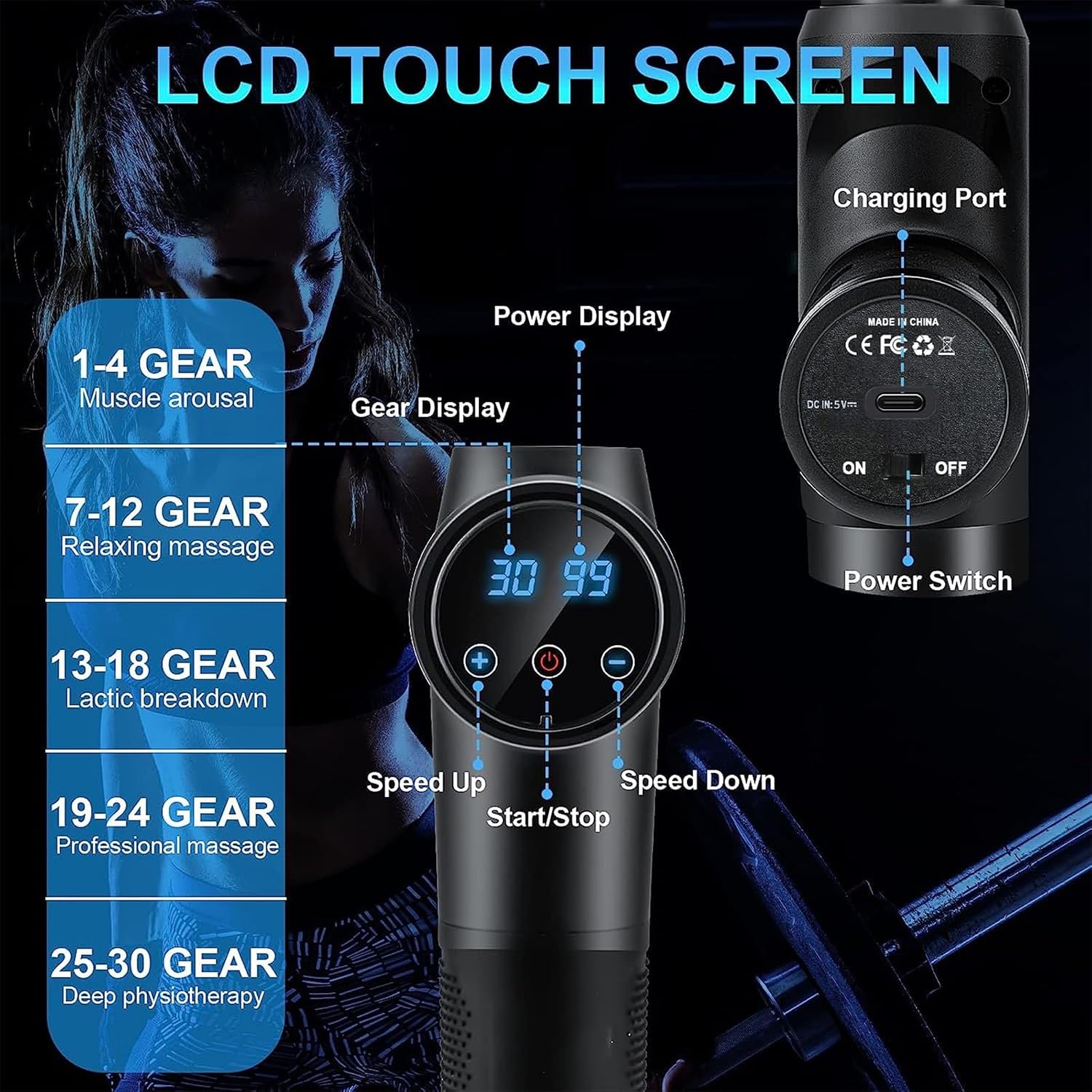 Massage Gun, Muscle Percussion Massager with 30 Speeds, Quiet Hand Massager, with LCD Touchscreen, 10 Heads, for Shoulders, Body, Back, Relaxation – Bild 3