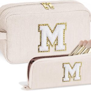 Parima Gifts for Women - Personalised Cosmetic Bag Cord Makeup Bag Women's Personalised Gifts Birthday Gift for Women Girls Girlfriend Beige Cosmetic Bag with Letter M