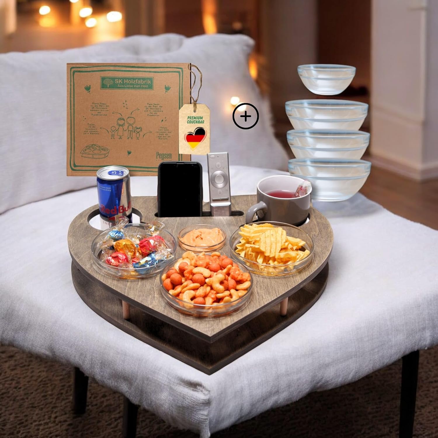Heart Personalised Couch Bar in Grey - Sofa Tray with 4 Glass Bowls - Couch Bar Snack Bar Personalised - Snack Box for Couch - Sofa Bar - Couch Butler – Bild 6