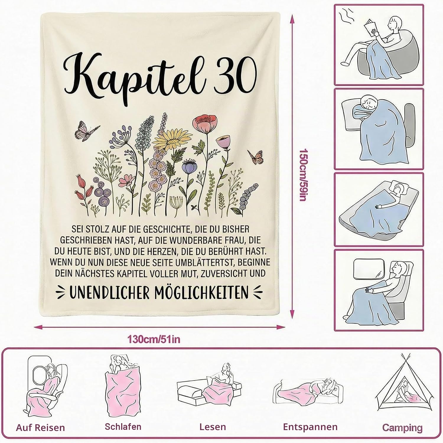 30th Birthday Gifts for Women, Flannel Blanket 130 x 150 cm, Gift for a 30 Year Old Woman, Gift for Her from 1996, Birthday Gifts for Women, Mum, Grandma, Wife – Bild 2