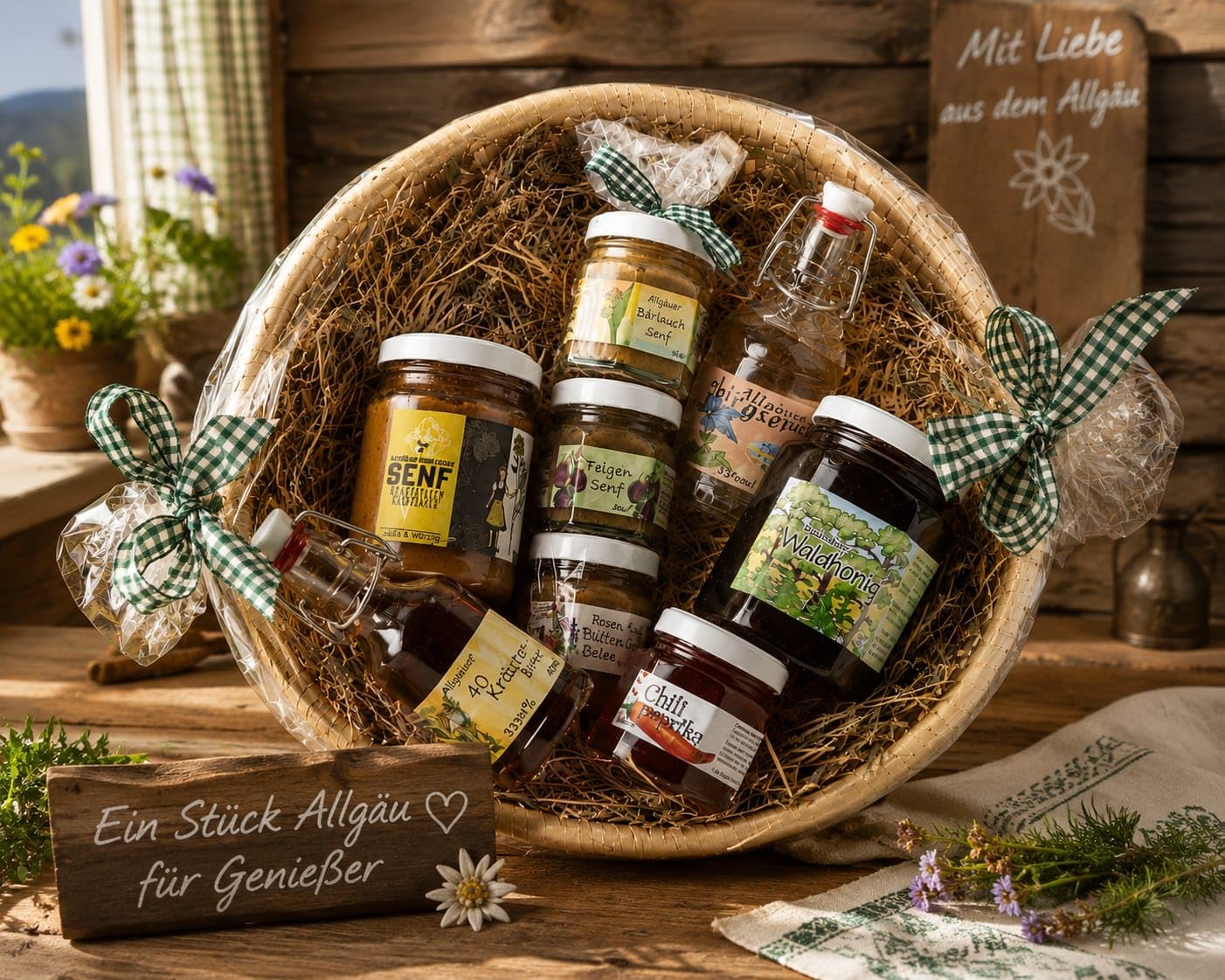 Allgäuer Delikatessen Gift Basket | Delicatessen Gift Set with Dark Beer, Mountain Herbs, Fig and Wild Garlic Mustard, Forest Honey, Chilli Spread, Gentian and Herbal Brandy – Bild 2