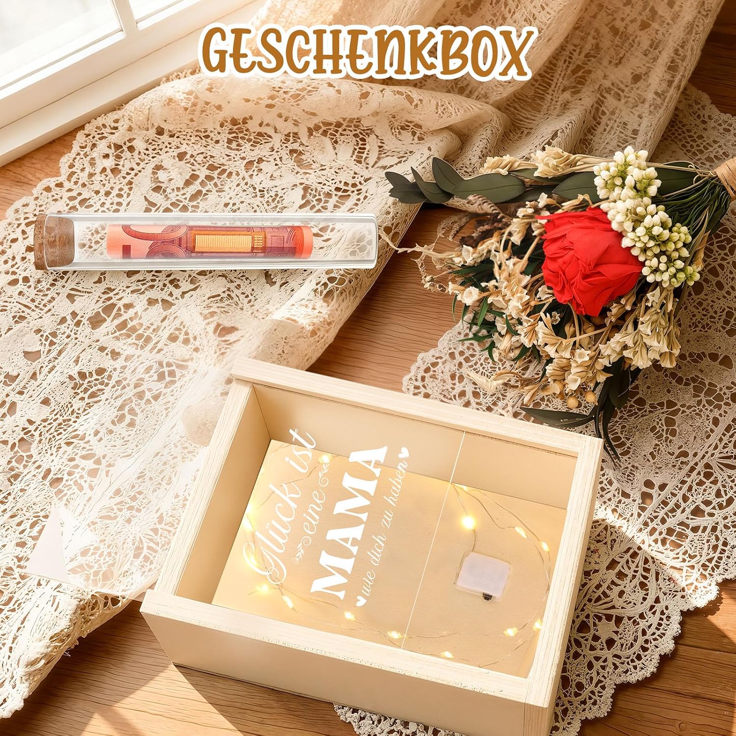 TUZELIYA Mum Gift Box, LED Fairy Lights, Test Tube, Birthday Gift for Mothers, Money Gift, Wooden Box with Engraving Glück ist elne Mama wo dich zu haber, Thank You Gift, Mother's Day – Bild 5