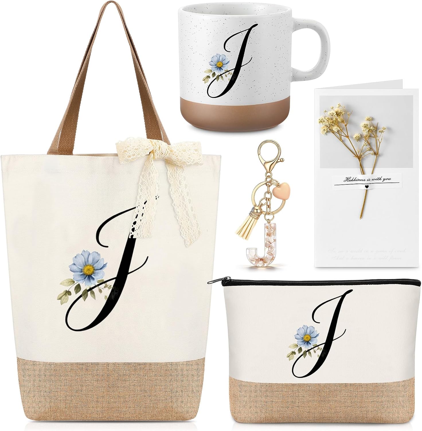 Hestya Gifts with Initials Bag with Initials Cosmetic Bag Personalised Design Letters Cup Keyring Lace Ribbon Card Birthday Gifts for Women Wife Mother