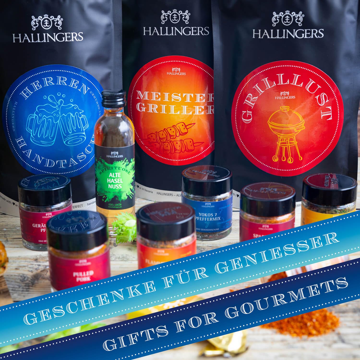 Hallingers Genuss Manufaktur Feinkost Father's Day Gift Set – Value in the "Men's Handbag" Small Gift Nougat Busserl, Hazelnut Liqueur & Pepper, Gift Idea for Dad Grandpa – Bild 4