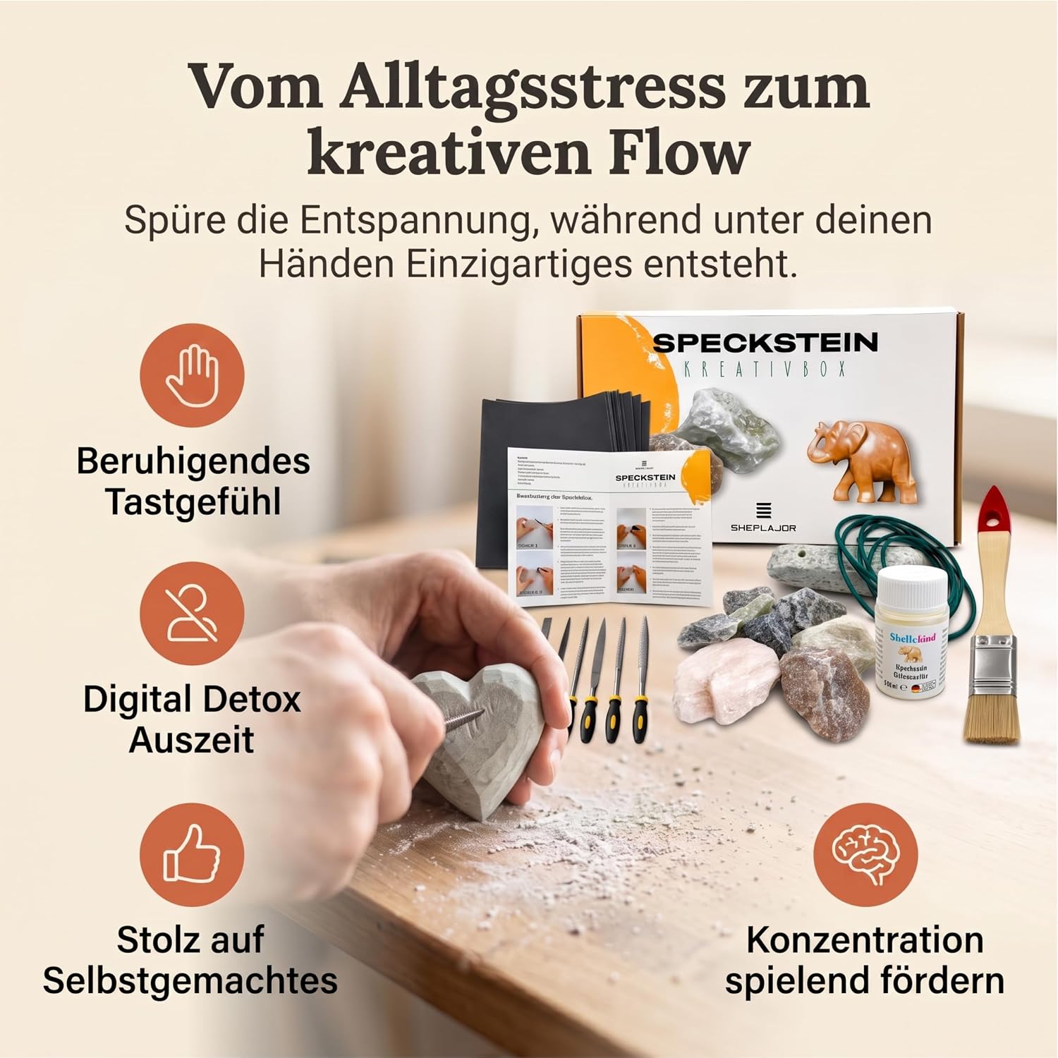 Sheflajor Soapstone Set Including Amulet & Polishing Wax Made in Germany - Creative Carving Set for Beginners & Advanced Users - 100% Asbestos Free - Promotes Concentration, Creativity and Stress – Bild 5